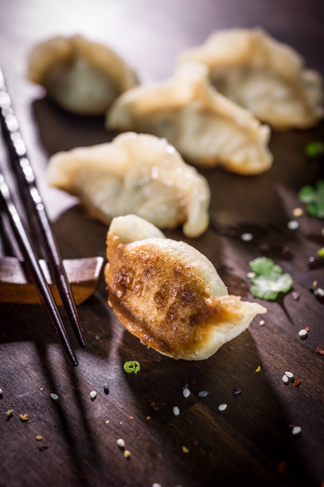 Close-up of pan-fried carp dumplings with chopsticks