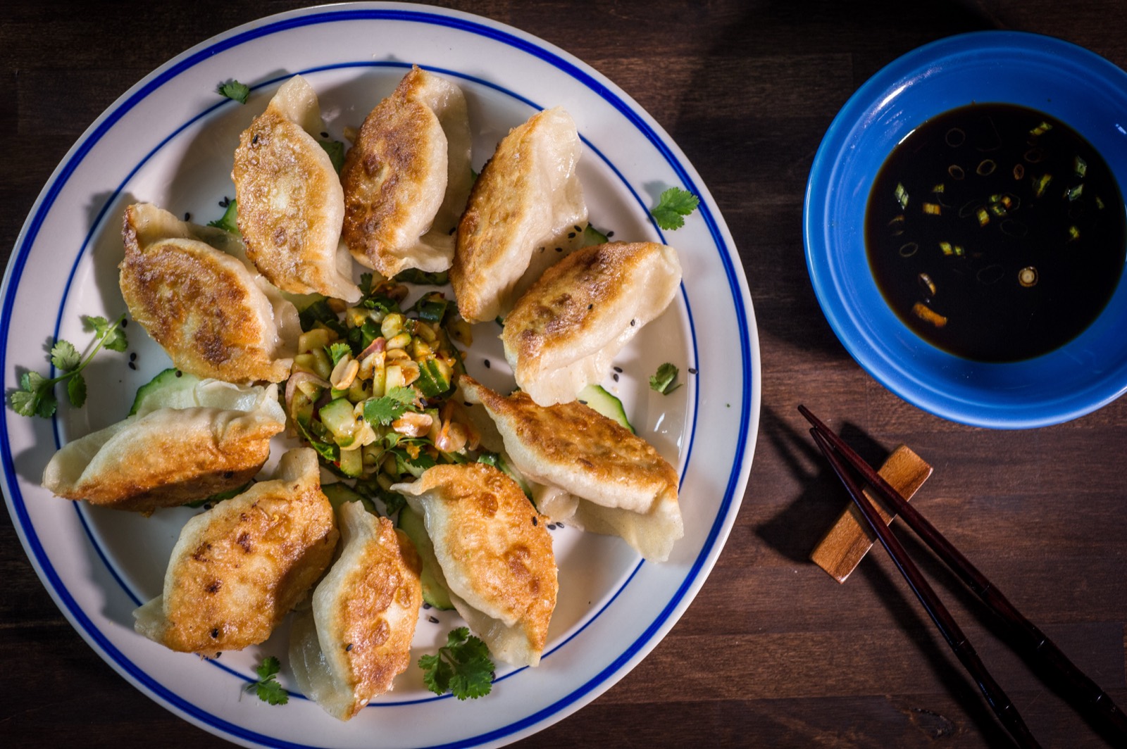 Plate of pan-fried carp dumplings with dipping sauce