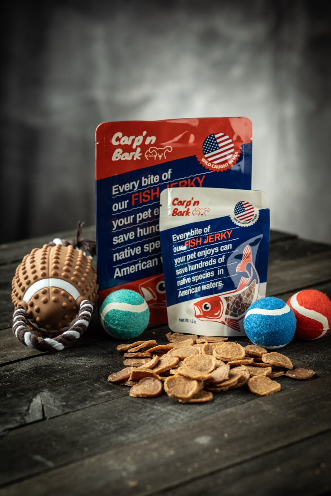 Carp'n Bark fish jerky pet treats with dog toys